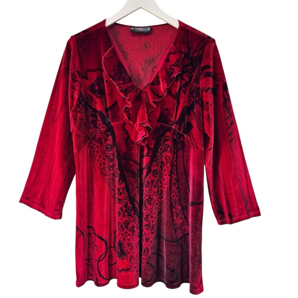 The Pyramid Collection Tunic Top Womens XL Red Velvet Ruffle Floral Long Sleeve